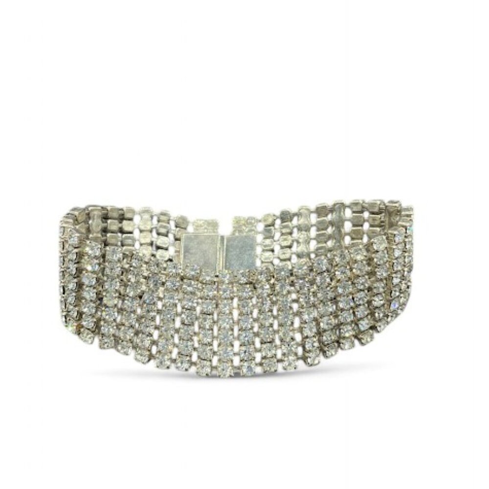 Vintage 60s Bridal Crystal Clear Prong Set 7 Row Rhinestone Bracelet Wedding